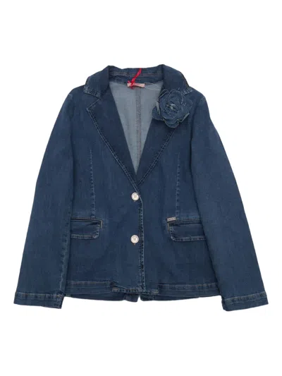 Liu •jo Kids' Rose-embellished Denim Blazer In Blue