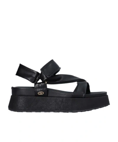 Liu •jo Round Toe Flat Sandals In Black