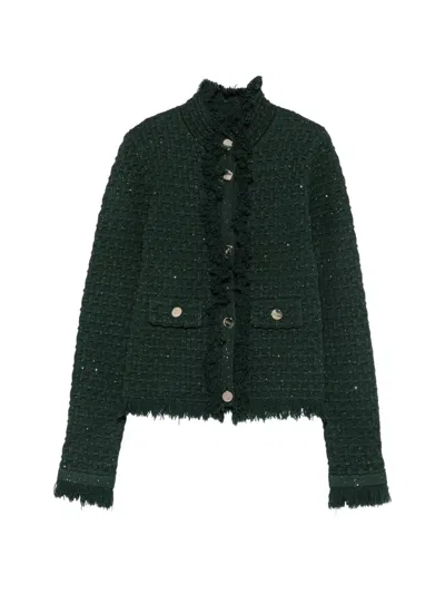 Liu •jo Ruffled Bouclé-knit Cardigan In Green
