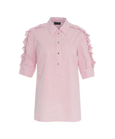 Liu •jo Liu Jo Ruffled Detail Striped Shirt With Rounded Hem In Pink