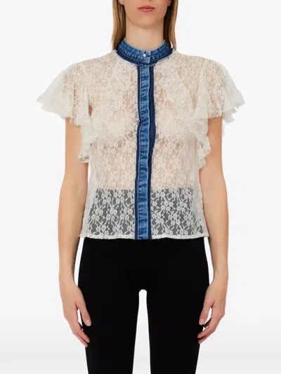 Liu •jo Ruffled Lace Short-sleeves Blouse In Neutral