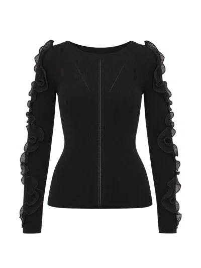 Liu •jo Ruffled Ribbed-knit Sweater In Black