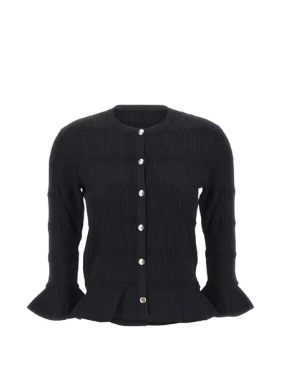 Liu •jo Ruffled Rib-knit Cardigan In Black