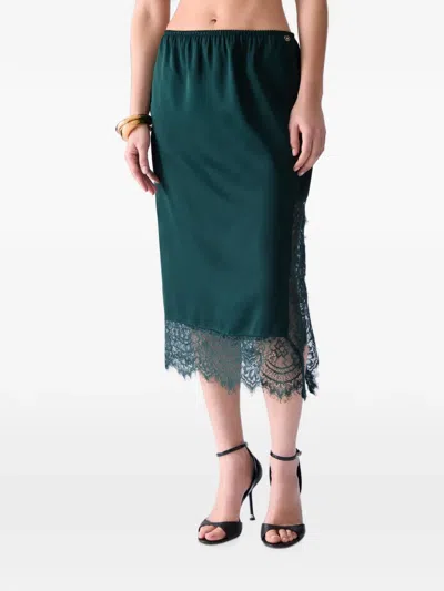 Liu •jo Satin Midi Skirt With Valenciennes Lace In Green