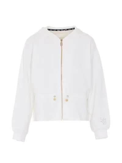 Liu •jo Scuba Zip Strass Logo Hooded Jacket In Neutral