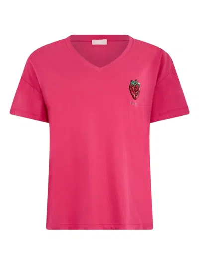 Liu •jo Sequin-strawberry V-neck T-shirt In Pink