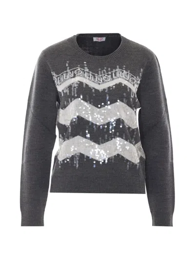 Liu •jo Sequin-embellished Chevron-pattern Sweater In Gray