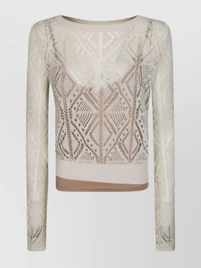 Liu •jo Sheer Lace Knit Sweater With Long Sleeves In Neutral