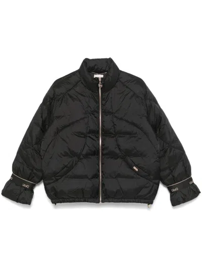 LIU •JO SHORT BLACK PUFFER JACKET WITH LOGO INSERTS