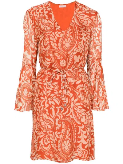 Liu •jo Liu Jo Short Multicolored Orange Dress With V-neck In Brown
