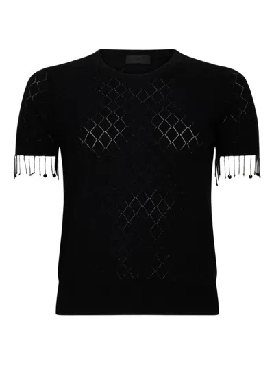 LIU •JO SHORT-SLEEVE BLACK SWEATER WITH DIAMOND PATTERN