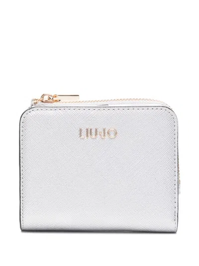 Liu •jo Silver Wallet In Faux Leather With Zip And Logo In Metallic