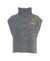 Liu •jo Sleeveless Knitted Vest With High Buttoned Collar And Rhinestone Accent In Gray