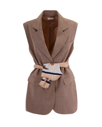 Liu •jo Liu Jo Sleeveless Tailored Blazer Vest With Waist Tie In Biscotto Mel.