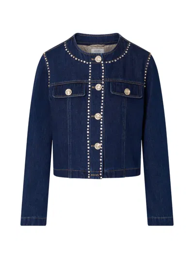 Liu •jo Slim Fit Denim Jacket With Rhinestones In Multi