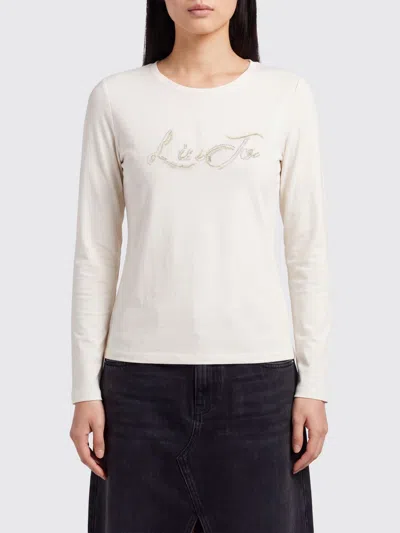 Liu •jo Liu Jo Slim Fit Long-sleeved Cotton T-shirt With Rhinestone Logo In Neutral