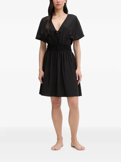 Liu •jo Smocked-waist Tie-fastening Midi Dress In Black