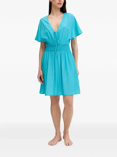 Liu •jo Smocked-waist Tie-fastening Midi Dress In Blue
