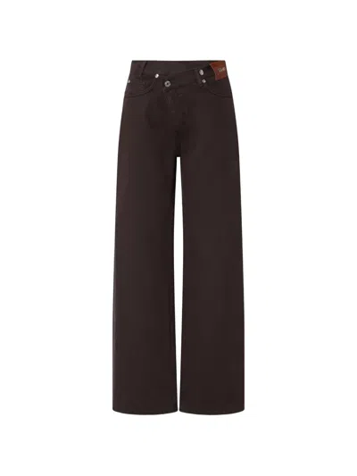 Liu •jo Straight Trousers With Asymmetrical Waistband In Brown