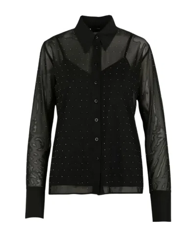 Liu •jo Straight-cut Shirt With Clear Rhinestones In Black