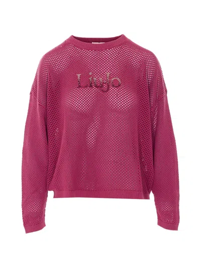 Liu •jo Strass Logo Crewneck Sweater In Pink