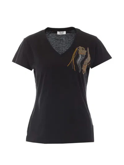 Liu •jo Strass-embellished V-neck T-shirt In Black