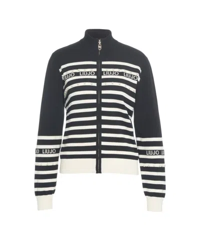 Liu •jo Striped Cardigan With Rhinestone Applique In Multi