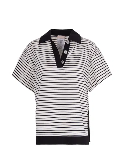 Liu •jo Striped Embellished Polo Shirt In Black