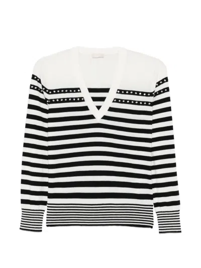 Liu •jo Striped Embellished V-neck Sweater In Multi