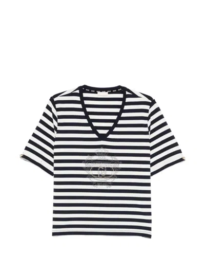 Liu •jo Striped Embellished V-neck T-shirt In Multi