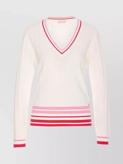 Liu •jo Striped Ribbed V-neck Knitwear With Long Sleeves In White