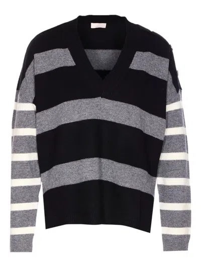Liu •jo V-neck Striped Crop Sweater With Rhinestone Detail In Black