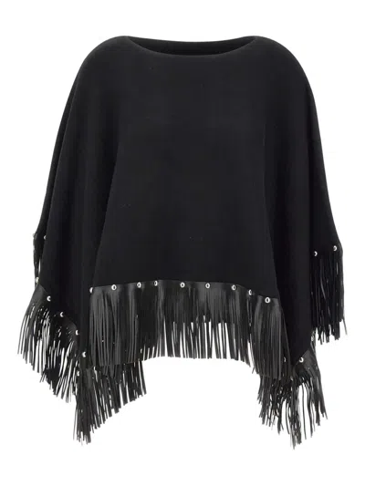Liu •jo Studded Fringe-trim Cape In Black