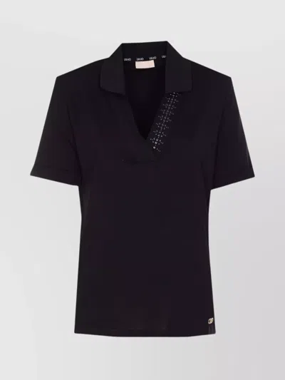 Liu •jo Studded V-neck Embellished T-shirt In Black