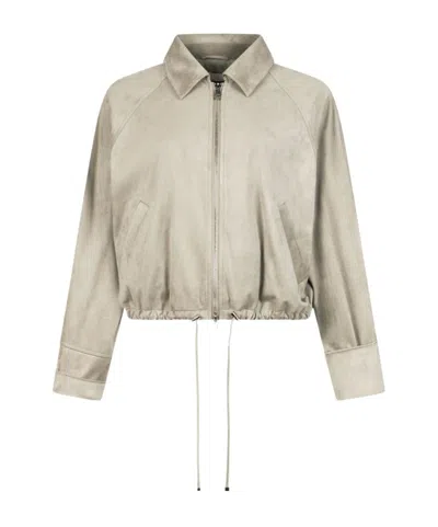 LIU •JO DRAWSTRING SUEDE BOMBER JACKET