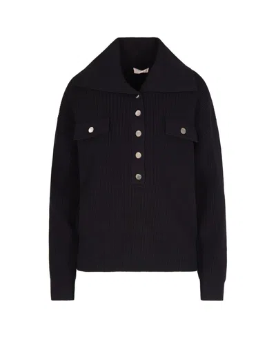 Liu •jo Ribbed Knit Top With Oversized Collar And Metallic Button Details In Black