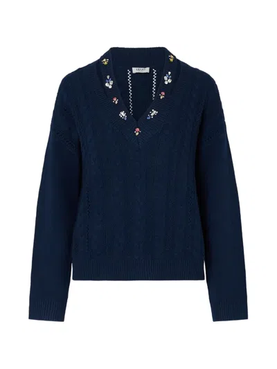 Liu •jo Sweater With Jewel Embroidery In Blue