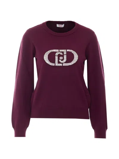 Liu •jo Crystal-logo Crew-neck Sweater In Brown