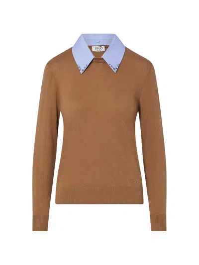 Liu •jo Sweater With Poplin-detail In Metallic