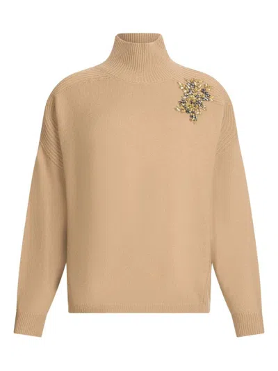 LIU •JO LIU JO CAMEL WOOL SWEATER WITH EMBELLISHED EMBROIDERY