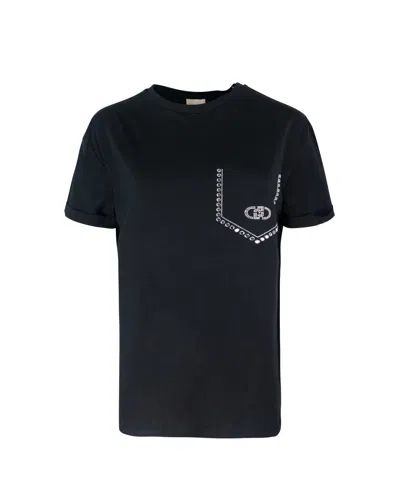 Liu •jo Black T-shirt With A Pocket Embellished In M9447