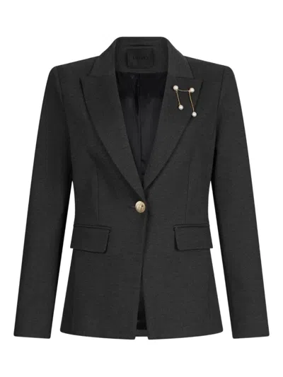 LIU •JO TAILORED GREY JACKET WITH DECORATIVE BROOCH