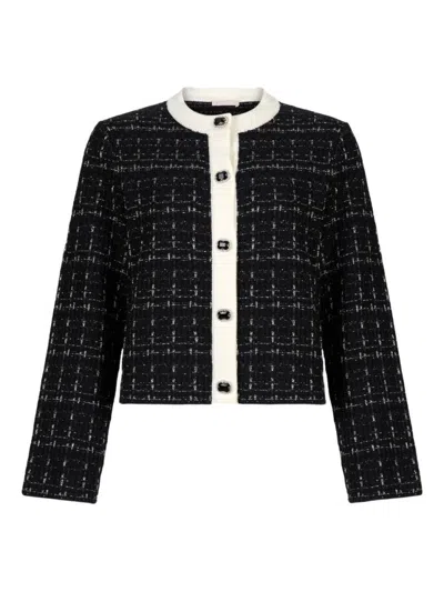 LIU •JO TEXTURED BLACK AND WHITE CHECKERED JACKET WITH CONTRASTING TRIMS