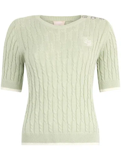 Liu •jo Liu Jo Textured Cable Knit T-shirt With Decorative Buttons In Verde E Bianco