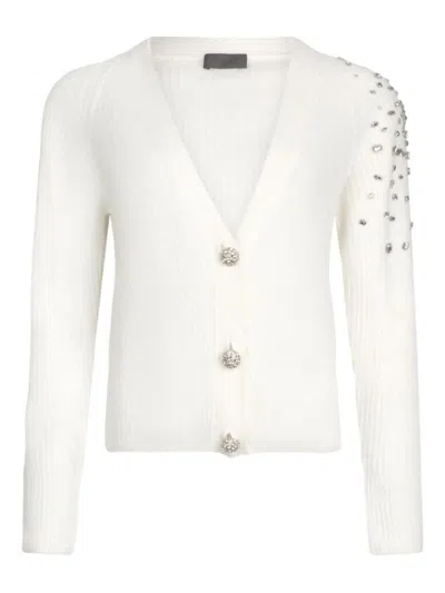 LIU •JO LIU JO TEXTURED WHITE SWEATER WITH DEEP V-NECKLINE AND EMBELLISHED SHOULDER