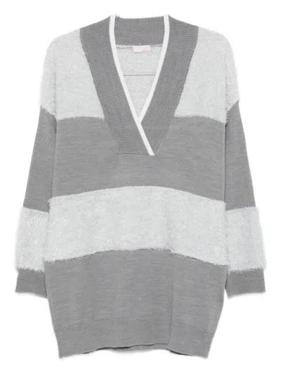 LIU •JO THREE-QUARTER SLEEVE STRIPED V-NECK SWEATER