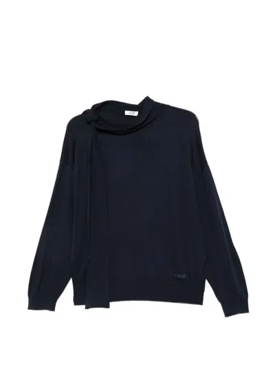 Liu •jo Tie-neck Rhinestone-logo Sweater In Blue