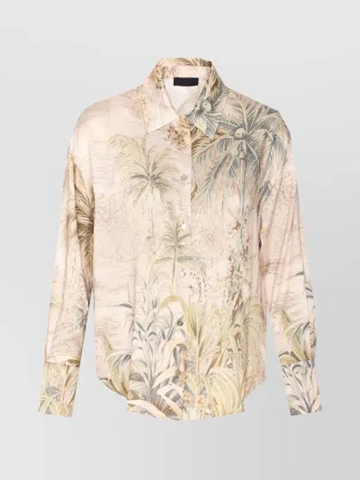 Liu •jo Tropical Print Collared Neck Long Sleeves Top In Beige