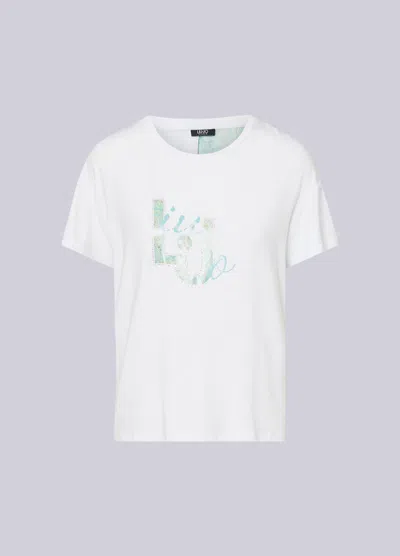 Liu •jo T-shirt With Insert Woman White-green Water In Animal Print