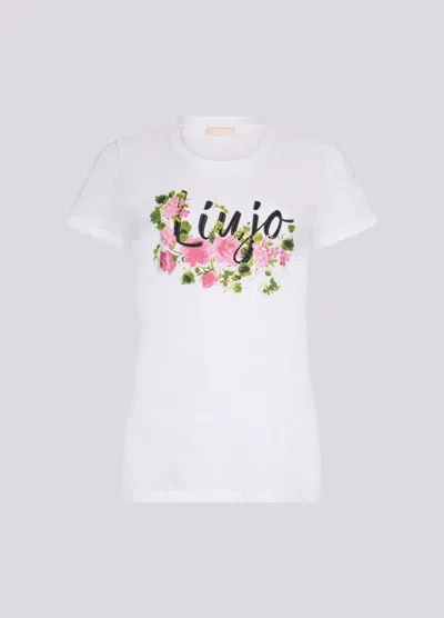 Liu •jo T-shirt With Print And Rhinestone Woman White-pink